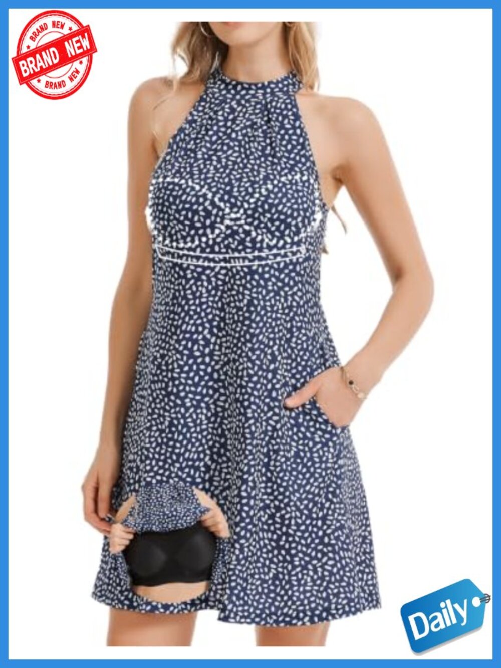 Built in Bra Halter Neck Sleeveless A-Line Casual Sundress with Pockets